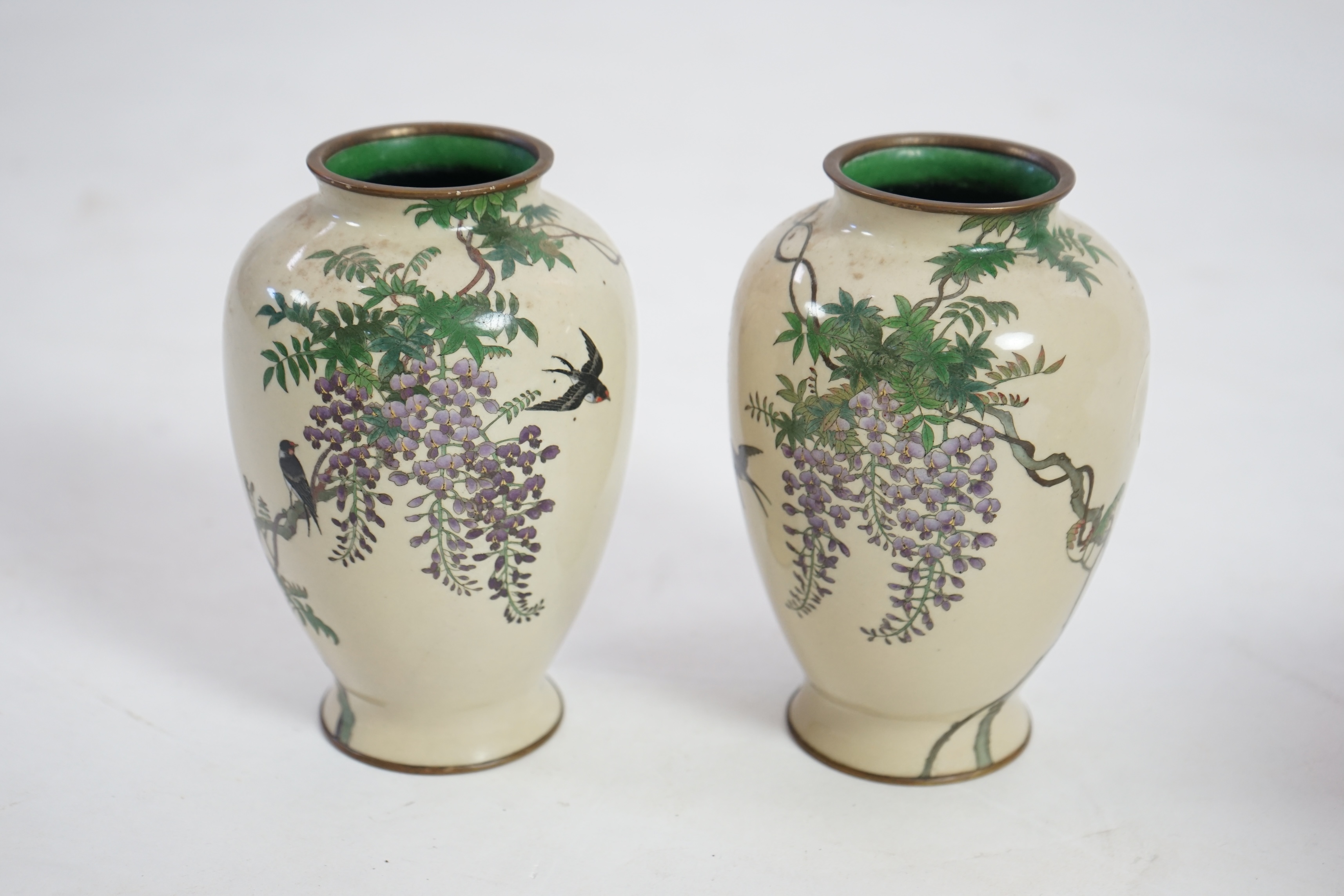 A pair of Japanese silver wire cloisonné enamel vases, late Meiji